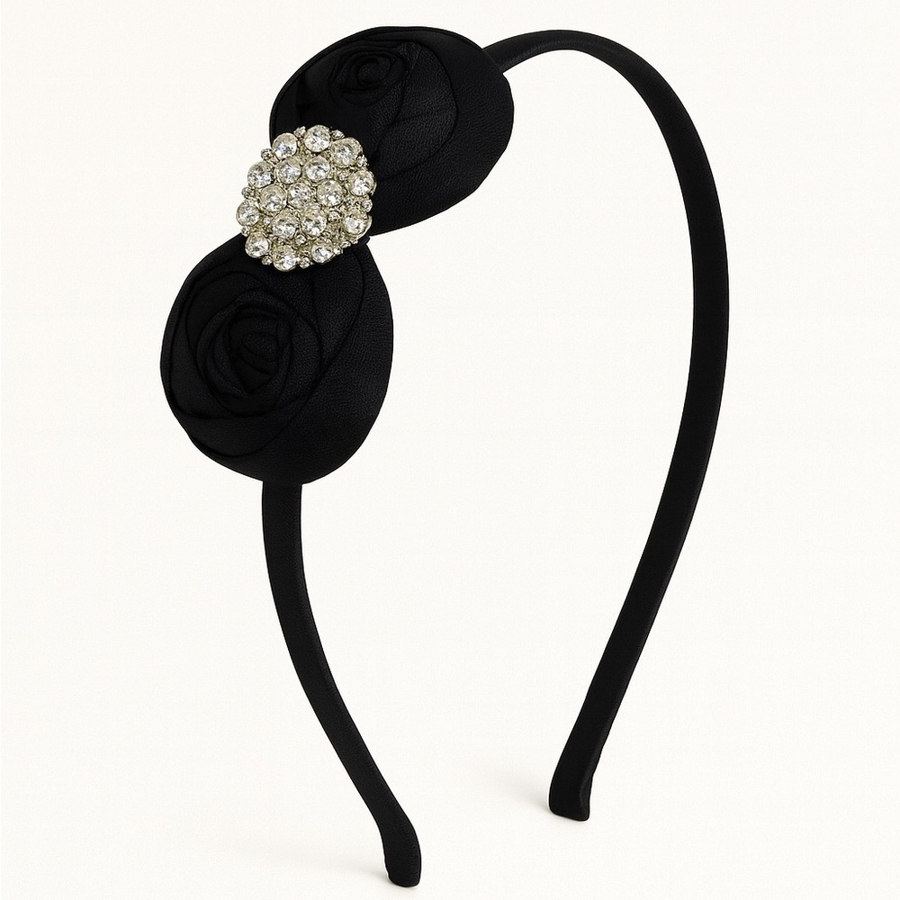 Vintage Silk Rose Headband Black Floral Rhinestone Holiday Hair Accessory